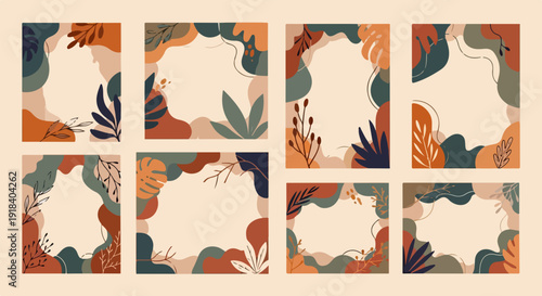 Ensemble de huit cadres abstraits de style bohème avec des formes organiques et des motifs végétaux dans des tons terreux.
