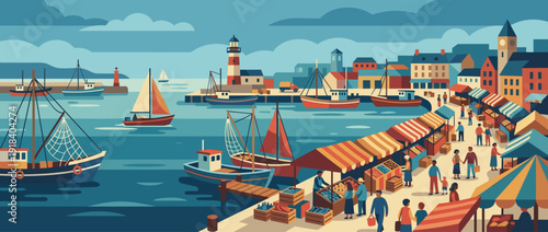 Vibrant flat vector illustration of a busy harbor with fishing boats and a colorful waterfront market. People shop at stalls with striped awnings in a coastal town with a lighthouse and blue sea.