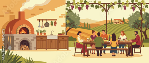 Rustic outdoor kitchen with a wood-fired pizza oven and a group of friends dining in a scenic vineyard. Flat vector illustration of a Mediterranean summer dinner party with wine and rolling hills.