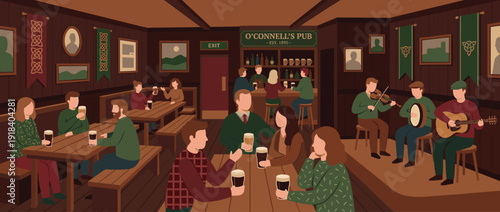 Flat Vector Illustration of a Traditional Irish Pub Interior Featuring a Live Folk Music Band, Patrons Drinking Stout Beer at Wooden Tables, and Cozy Celtic Decor in a Warm Social Atmosphere.