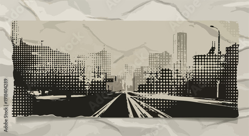 Vue d'une ville avec des gratte-ciel et une route menant vers l'horizon, style gravure.