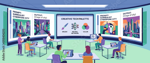 Flat vector illustration of a modern AI art generation studio where digital artists use tablets and large screens to create surrealist cyberpunk city images using neural network technology.