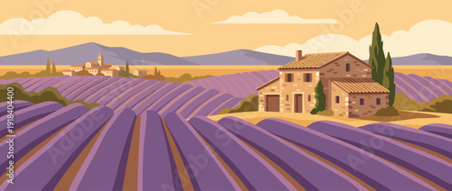 Flat vector illustration of a scenic lavender field in Provence, France, featuring a traditional stone farmhouse, rolling purple rows of flowers, cypress trees, and a distant village at sunset.