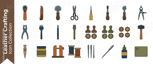 Professional Vector Icon Set of 24 Leather Crafting and Tooling Items in Flat Design Style. Features Essential Equipment like Rotary Cutter, Awl, Needles, Thread, Mallet, Hole Punch, and Cutting Mat.