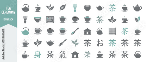 Japanese Tea Ceremony Icon Set with 36 Flat Vector Symbols. Featuring Matcha Whisk, Teapots, Steaming Cups, Green Tea Leaves, Chawan Bowls, Chashaku Scoops, Tea Houses, and Kanji Calligraphy Art.