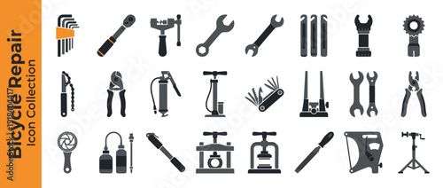 Professional Vector Icon Set of 24 Bicycle Repair and Maintenance Tools in Flat Design; Essential Equipment for Bike Mechanics Featuring Wrenches, Pumps, Chain Tools, Multitools, and Stands.