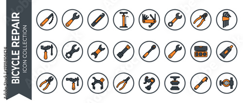 Comprehensive Vector Icon Set of 24 Bicycle Repair and Maintenance Tools. Flat Design Icons for Bike Workshop, Cycling Service, and Mechanic Equipment featuring Wrench, Pump, and Chain Tool.