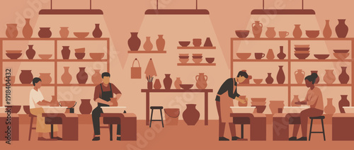 Flat vector illustration of a traditional pottery workshop with artisans working at pottery wheels and shelves filled with handmade ceramic vases, bowls, and pots in warm earthy tones.