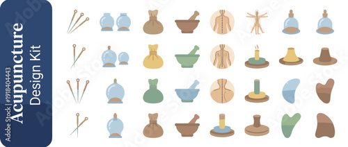 Vector Icon Set of 28 Acupuncture and Traditional Chinese Medicine Tools in Flat Design with Smooth Gradients; Featuring Needles, Cupping Jars, Herbal Pouches, Mortar, Gua Sha, and Meridian Charts.
