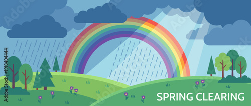 Flat Vector Illustration of a Spring Thunderstorm Clearing with a Vibrant Rainbow Over Green Rolling Hills, Sunbeams Breaking Through Dark Clouds, Rain Falling, and Blooming Meadow Flowers