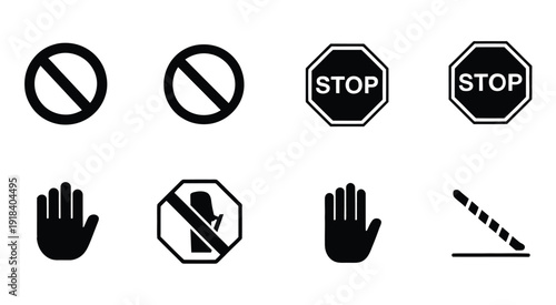 Block Symbols Icons, filled vector icons of blocked, forbidden, and no entry symbols, flat design isolated on white background, perfect for apps, websites, UI elements, warning signs, and digital inte