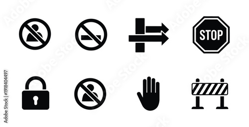 Block Symbols Icons, filled vector illustrations of blocked signs, forbidden symbols, and no entry icons, isolated on white background, suitable for apps, websites, UI design, warning signage, and dig