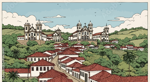 Paysage pittoresque d'une ville historique avec des églises baroques et des maisons traditionnelles.