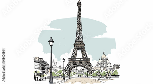 Illustration de la Tour Eiffel à Paris, symbole emblématique de la France et de l'Europe, avec des éléments urbains.