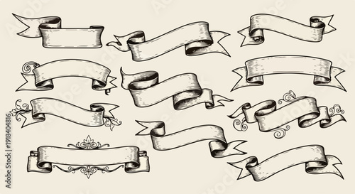Ensemble de bannières et de rubans dessinés à la main, style vintage, pour la conception graphique.