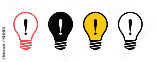 Set of four light bulbs with exclamation marks in different colors and styles.