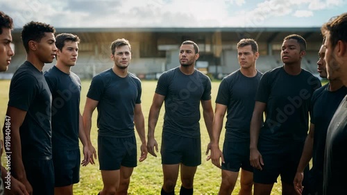 Teammates lean in with heads together and hands stacked in a pre-game huddle, the tension of unified focus tangible through skin contact, proximity, and blurred green field beyond.