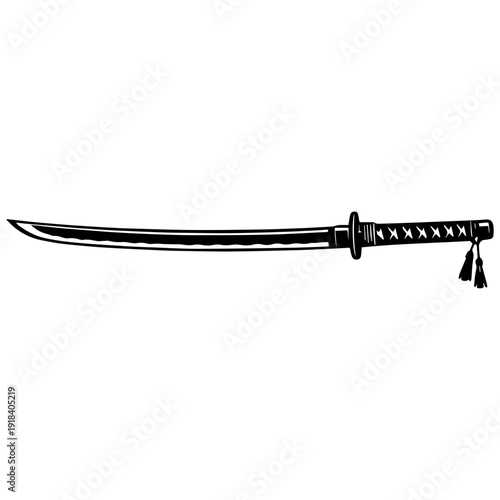 Flat style katana sword with long curved blade, guard and wrapped handle with tassels. Perfect for samurai, ninja, martial arts, Japan culture, tattoo, logo, poster, game UI and apparel designs.