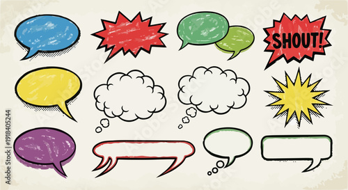 Collection de bulles de dialogue et de formes d'éclatement dessinées à la main pour la bande dessinée.