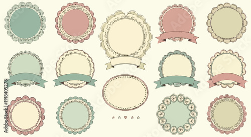 Ensemble de cadres et d'étiquettes vintage avec des bordures en dentelle et des rubans, style dessiné à la main.