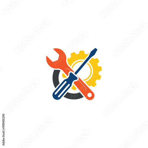 Logo with wrench, screwdriver, and gear symbolizing repair and maintenance.