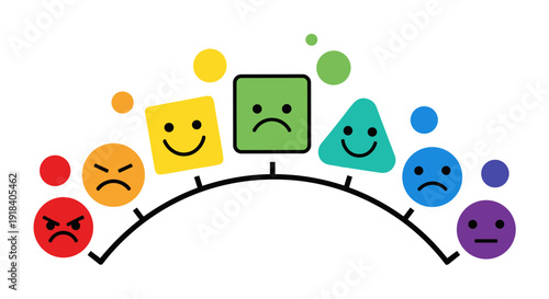 A vibrant, colorful graphic illustration depicting a range of human emotions from angry to happy, represented by various geometric shapes and facial expressions.