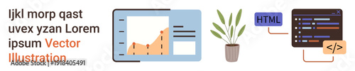 Data visualization, programming, workspace setup, tech tools, interface design, and coding education. Graph on a dashboard, plant and HTML code blocks. Data visualization and programming concepts