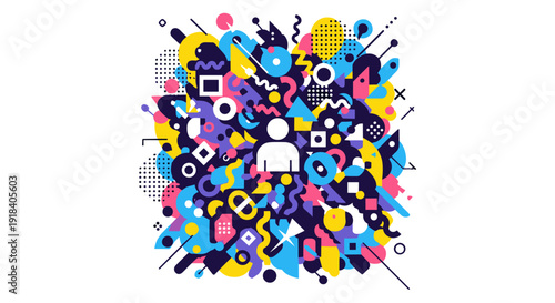 Vibrant abstract design featuring a central human icon surrounded by an explosion of colorful geometric shapes and dynamic patterns on a white background.