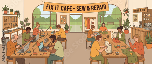 Community Repair Cafe Illustration with People Fixing Electronics, Laptops, and Sewing Clothes in a Sustainable Workshop Environment, Featuring a Coffee Bar, Tools, and Diverse Volunteers.