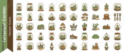 Vector icon set of 32 terrarium and miniature garden elements featuring succulents, cacti, mushrooms, garden gnomes, and tools in a flat design duotone color scheme for botanical design projects.