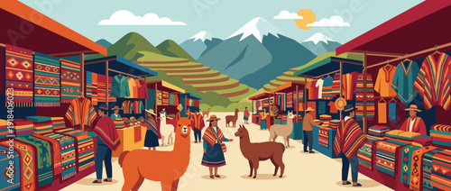 Vibrant flat vector illustration of a traditional Andean market in Peru with colorful woven textiles, local artisans, alpacas, and snow-capped mountains in the background under a sunny sky.