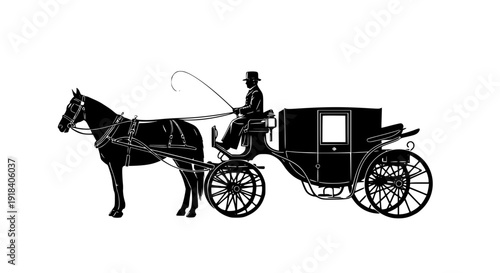 Vintage horse and carriage silhouette with coachman side view vector illustration