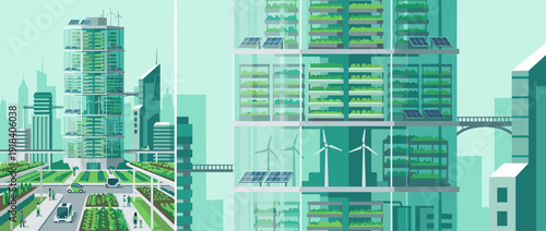 Sustainable vertical farm tower in a futuristic smart city skyline with indoor hydroponic crop levels, solar panels, wind turbines, and autonomous vehicles for eco-friendly urban agriculture.