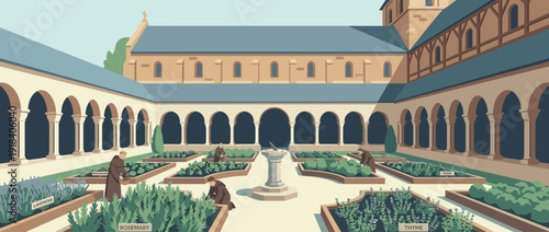 Serene flat vector illustration of a medieval monastery garden with monks harvesting herbs like lavender and rosemary in a cloister courtyard featuring a central sundial and stone arches.