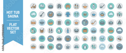 Comprehensive Set of 60 Flat Vector Icons for Hot Tub, Sauna, and Wellness Spa, Featuring Steam Rooms, Essential Oils, Bathrobes, Ladles, Towels, and Relaxation Accessories for Web and Infographics.