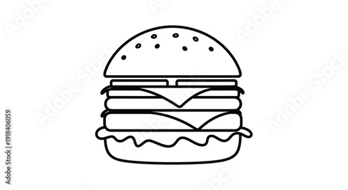 Burger line icon illustrating delicious double cheeseburger with sesame seeds bun fresh lettuce tomato meat patty and melted cheese slice for food design