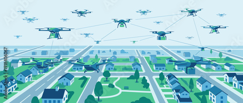 Modern autonomous drone delivery fleet flying over a suburban residential landscape, flat vector illustration of a connected network of drones delivering packages to houses in a smart city.