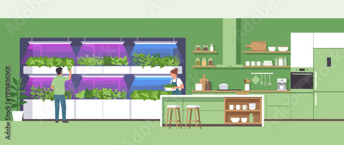 Modern kitchen interior with a vertical hydroponic herb garden and LED grow lights. A man and woman harvest fresh greens in this flat vector illustration of sustainable urban farming at home.