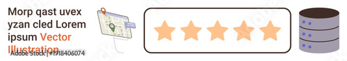 Business analytics, customer experience, cloud storage, data organization, location tracking, user feedback. Map icon, five stars and database symbol. Customer experience and cloud storage concept