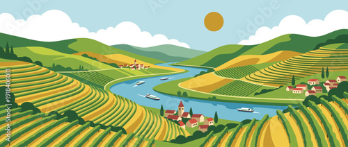 Flat vector illustration of a panoramic view of terraced vineyards along a winding river valley. Scenic landscape with small villages, boats on the water, rolling green hills, and a bright sun.