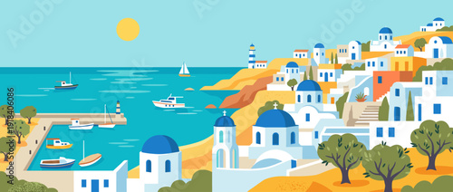 Flat vector illustration of a scenic Mediterranean seaside village with white houses, blue-domed roofs, a coastal harbor with boats, and a sunny sky over the turquoise ocean in Santorini, Greece.