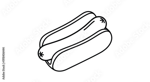 Minimalist line art icon of a hot dog in a bun, classic American fast food symbol representing sausage and bread for quick meals