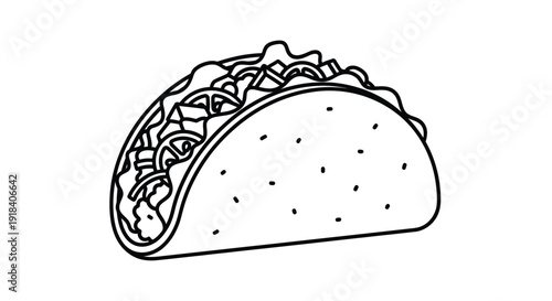 Taco vector illustration in outline style with simple and clean lines, depicting a classic hard shell taco filled with ingredients
