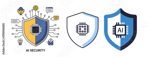 Illustrative vector graphic depicting AI security concepts with a shield, circuit board, and artificial intelligence symbols.