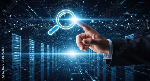 Professional hand touching a glowing search icon to initiate a query on a vast database