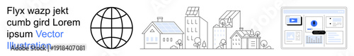 Renewable energy, urban development, smart technology, sustainability, digital systems, web design. Minimalistic vector showing buildings, globe and a web interface. Urban development
