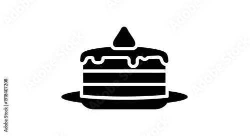 Delicious stacked pancakes drizzled with syrup and topped with a dollop, presented on a simple plate, minimalist black and white silhouette illustration