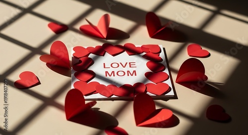 Celebrating motherly love with heartfelt gestures and red hearts on a beige floor