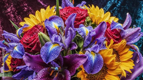Beautiful bouquet of diverse colorful flowers, including sunflowers, roses, irises, and lilies, against a rich velvet backdrop