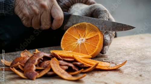 An East Asian fruit vendor slices a ripe persimmon with a gliding knife, orange juicy flesh fanning open and fibrous strings pulling apart as morning market light catches the glistening juice.